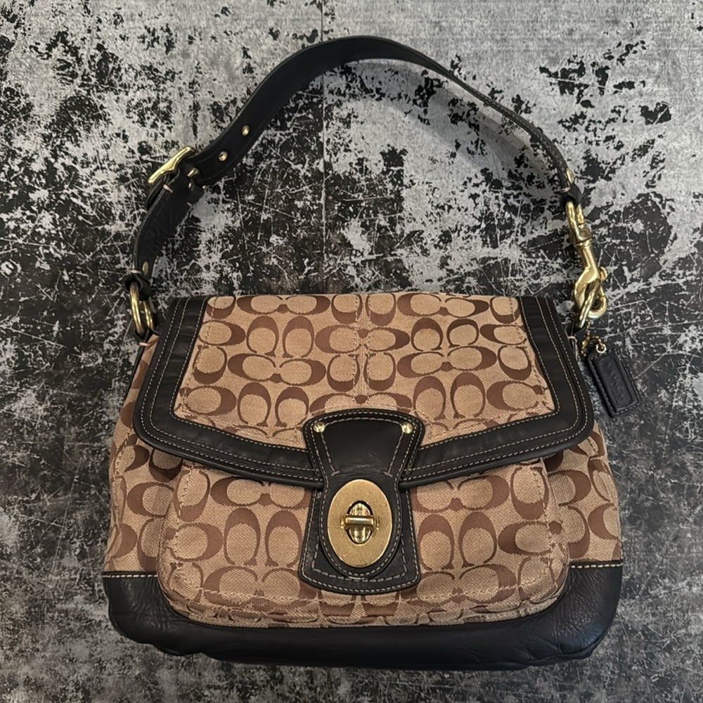 Coach Tan and Black Signature Shoulder Bag